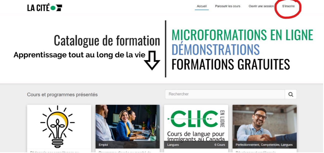Pour vous inscrire, vous devez vous rendre au https://lacitecc.brightspace.com/ et cliquez sur S’inscrire dans l’onglet en haut à droite.