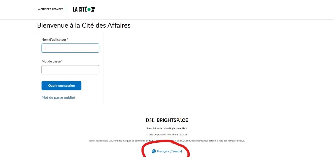 Si le lien ne vous y amène pas, allez au lca.brightspace.com et connectez-vous avec votre nom d’utilisateur et votre mot de passe.