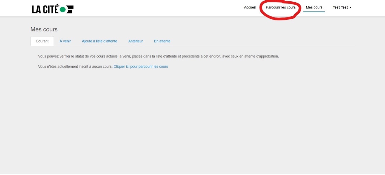 Cliquez sur la section Parcourir les cours dans l’onglet en haut de la page.